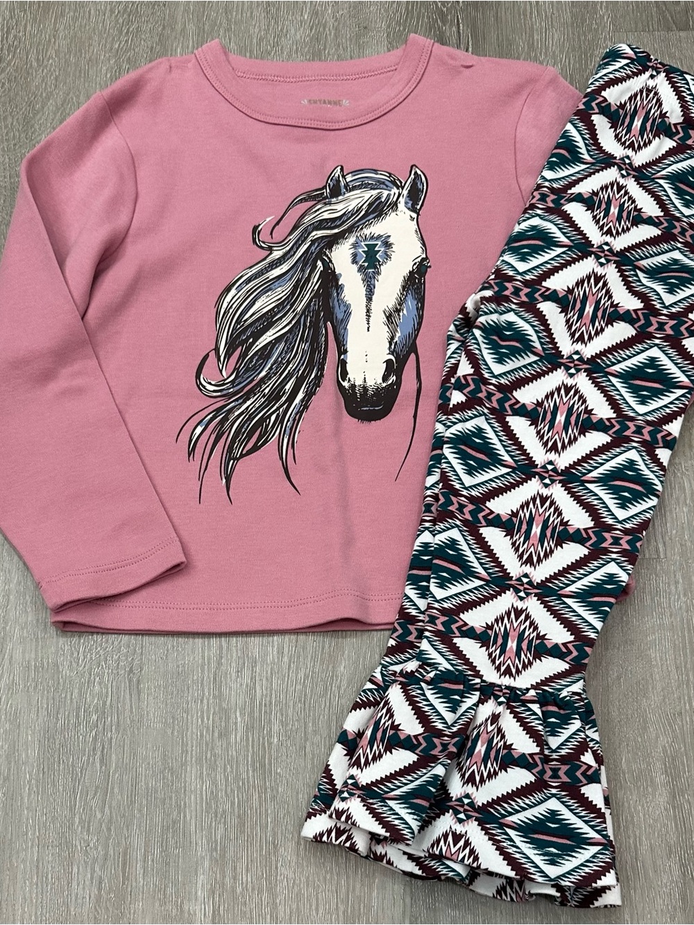 Shyanne Pink Horse Graphic Set with Teal & Black Aztec Pants 2t